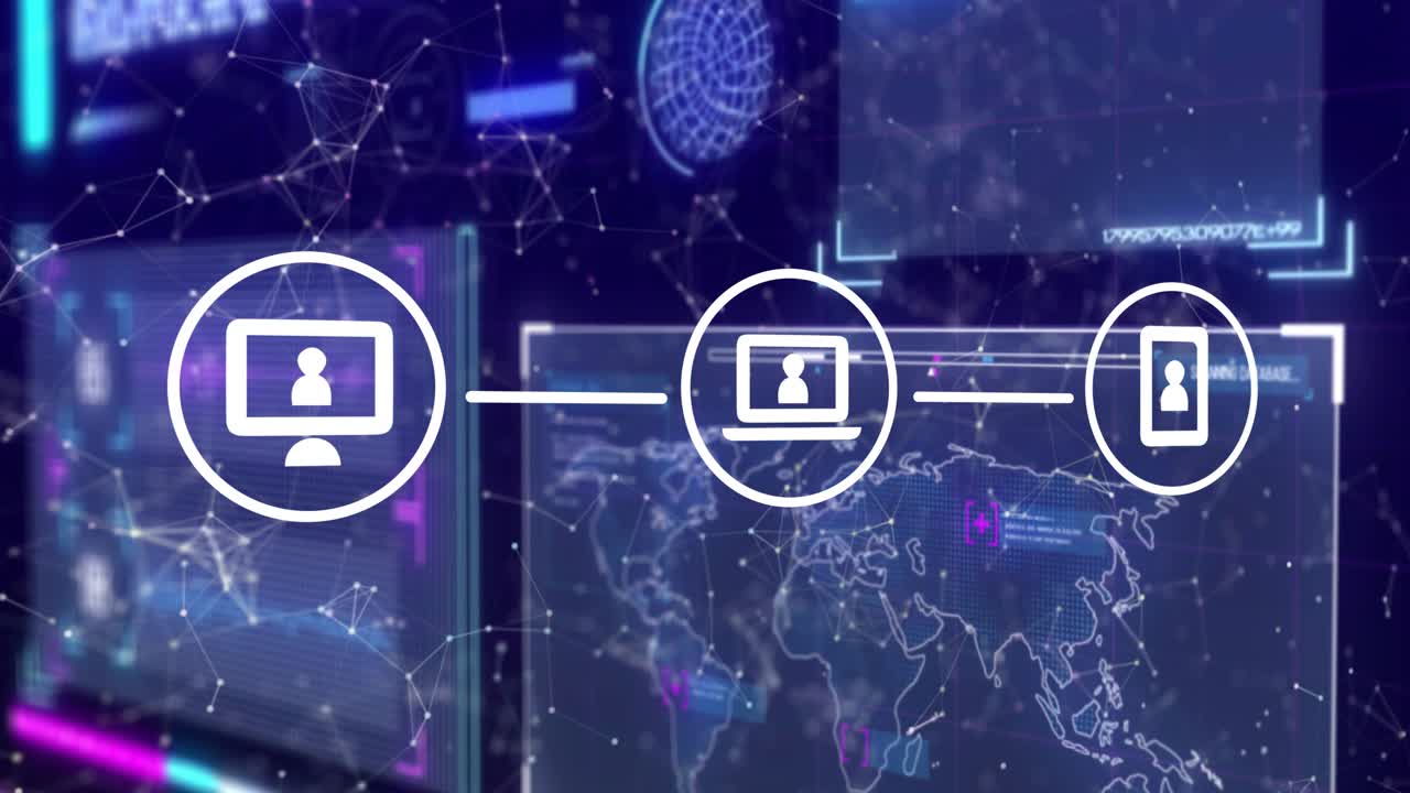 All'inizio dell'animazione, tre icone di dispositivi appaiono da sinistra a destra, tracciando linee che mostrano il flusso globale.