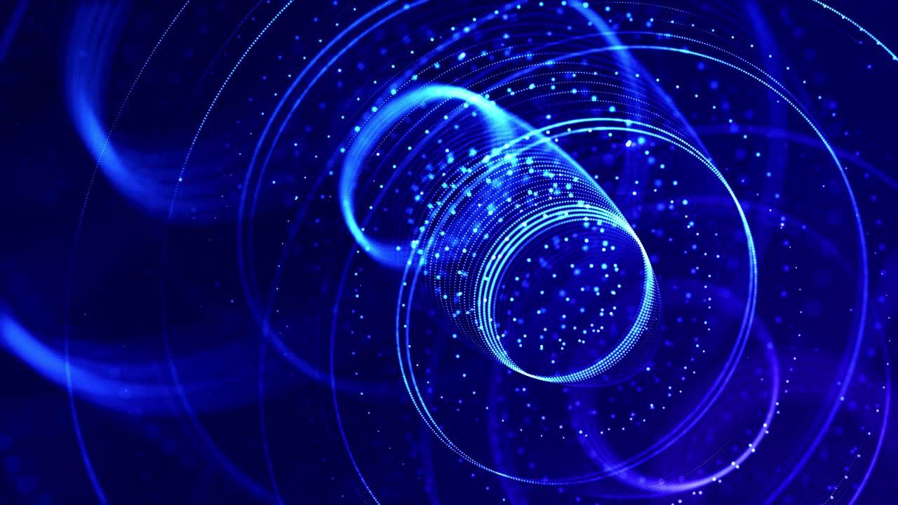 4k looped sci-fi particle background of microworld or space with bokeh and light effects. Glow blue particles form lines, surfaces, complex round structures in smooth motion.