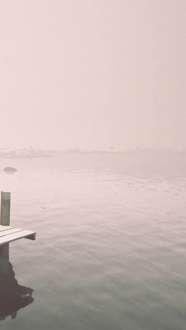 Fog covers the water surface at a shoreline during early morning hours