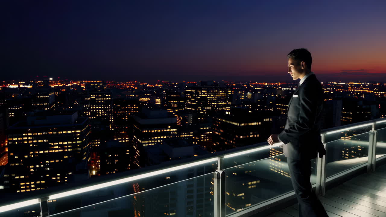밤에 지붕에 있는 사업가