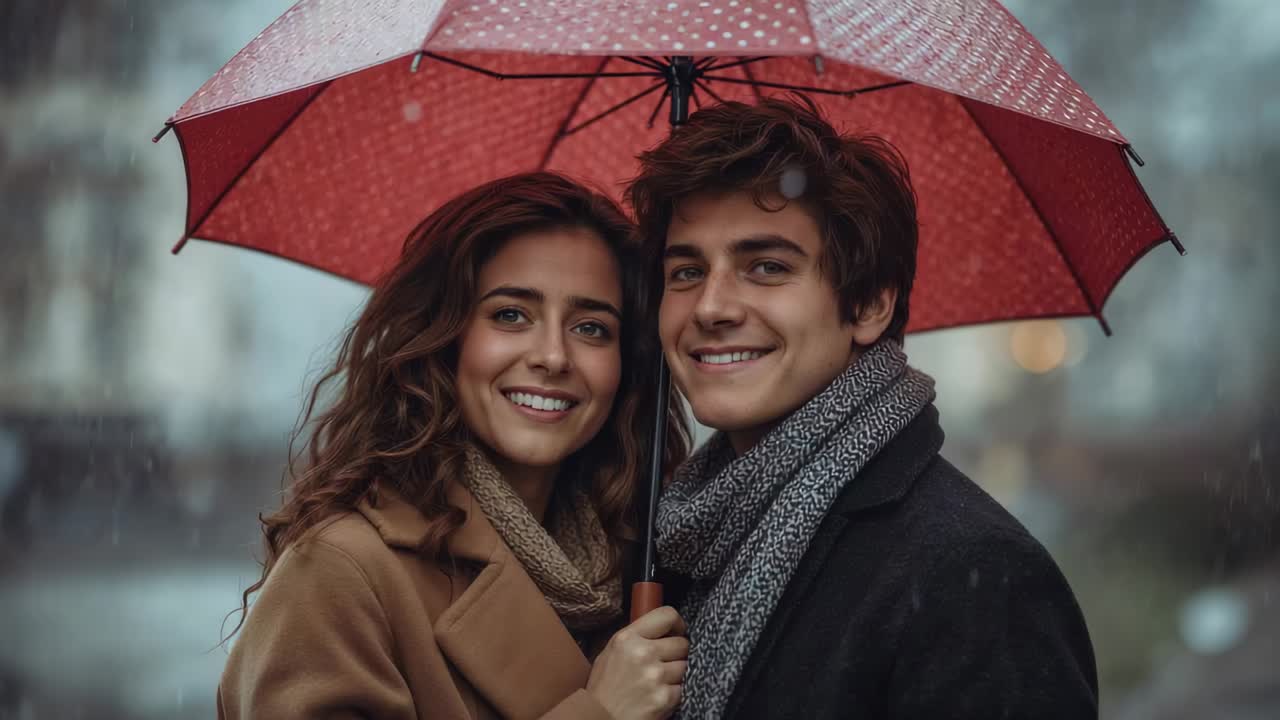 Sharing red umbrella, couple wearing scarves, standing on wet street, drizzle starting, staying dry