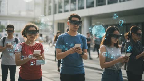 a group of young adults engaged with augmented reality technology, utilizing smart devices in a busy urban environment, showcasing future interaction and connectivity