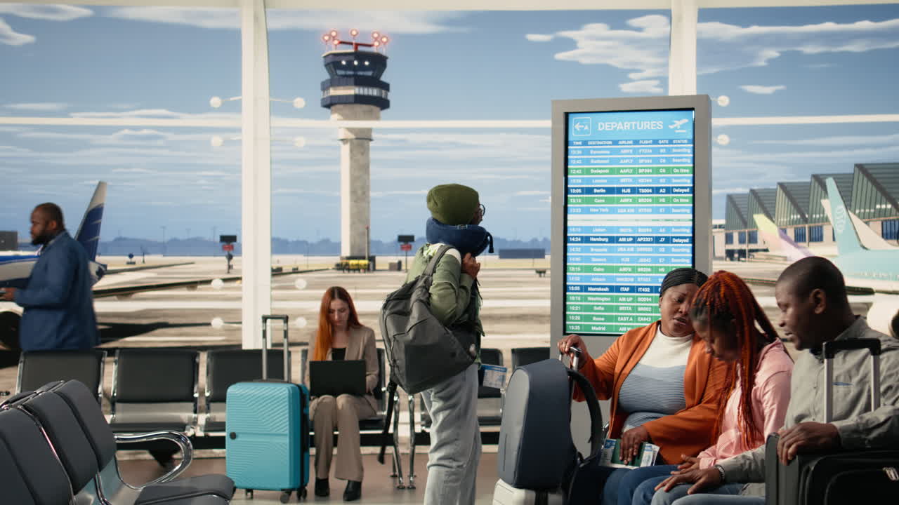 Glad afroamerikansk familie med tenåring slapper av i en flyplasslounge.