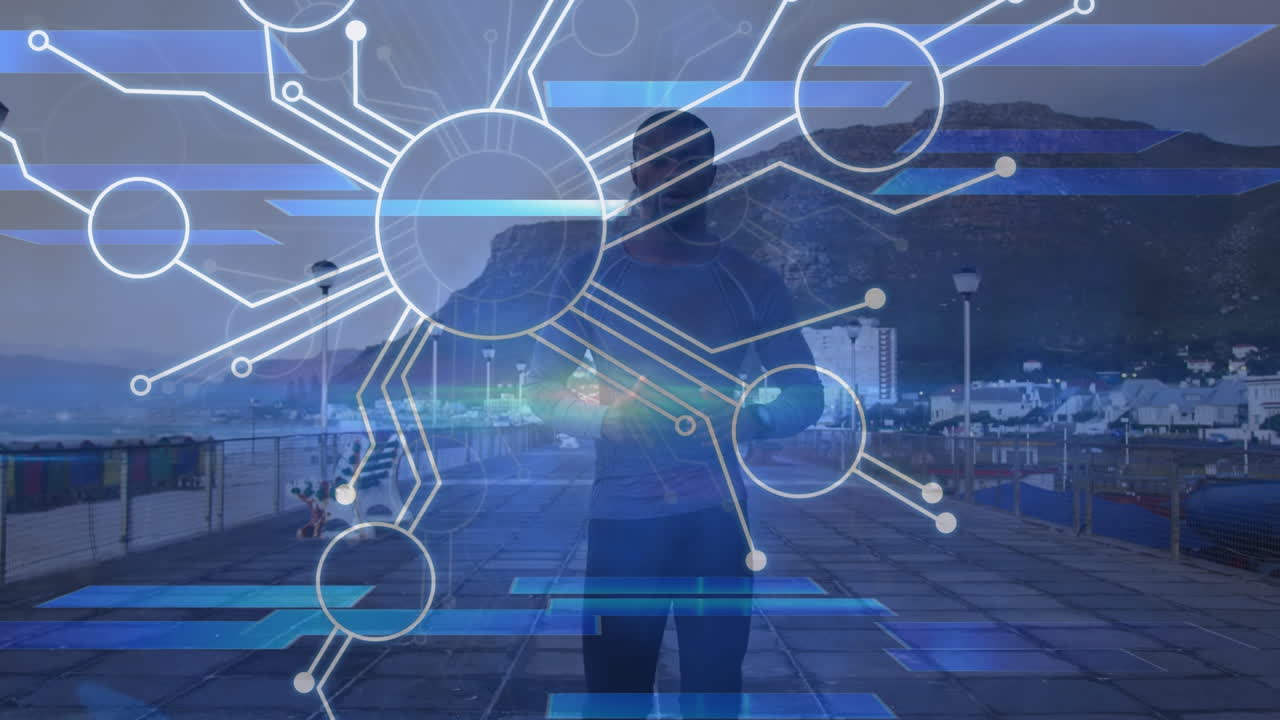 Animation of hud elements with futuristic light, african man running on pier at beach