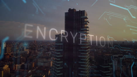 3d render skyscraper showing floating encryption text and binary digits over dusk cityscape