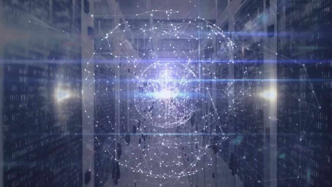 Sakte sporing av servergang, kodestrømmer dukker opp som en pulserende hologramsfære for å visualisere data.
