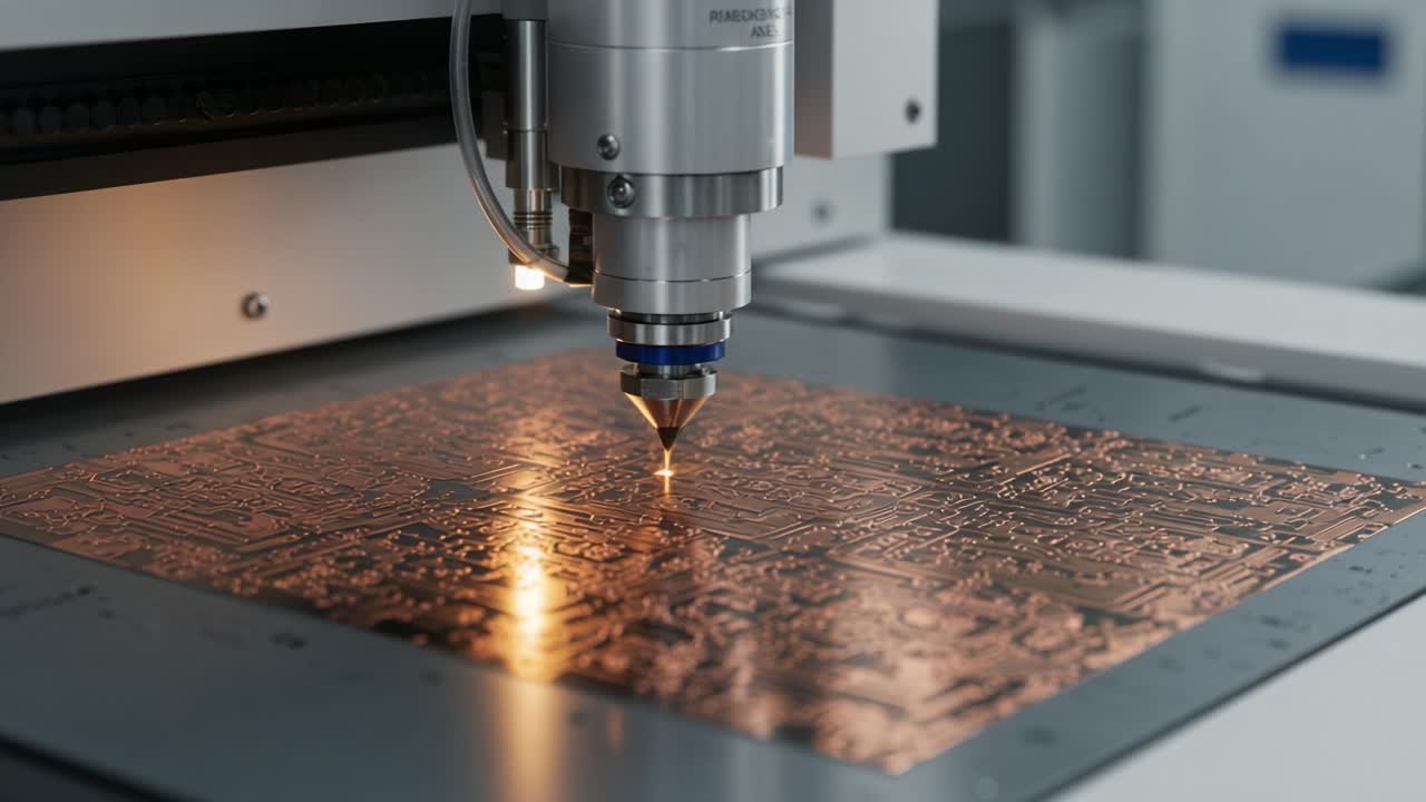 High-Precision Laser Engraving on Copper Circuit Board: A Close-Up of the Laser Cutting Process Captured with Advanced Machinery