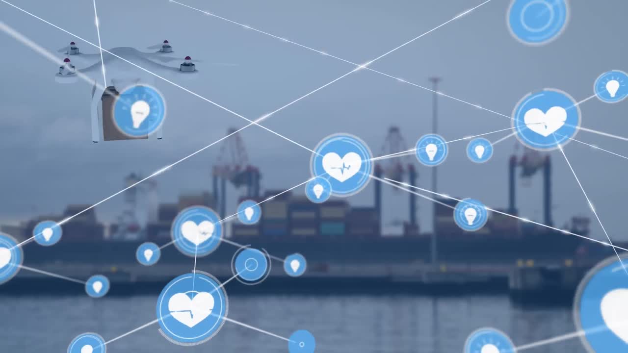 패키지를 운반하는 드론을 통해 아이콘으로 연결된 네트워크의 애니메이션