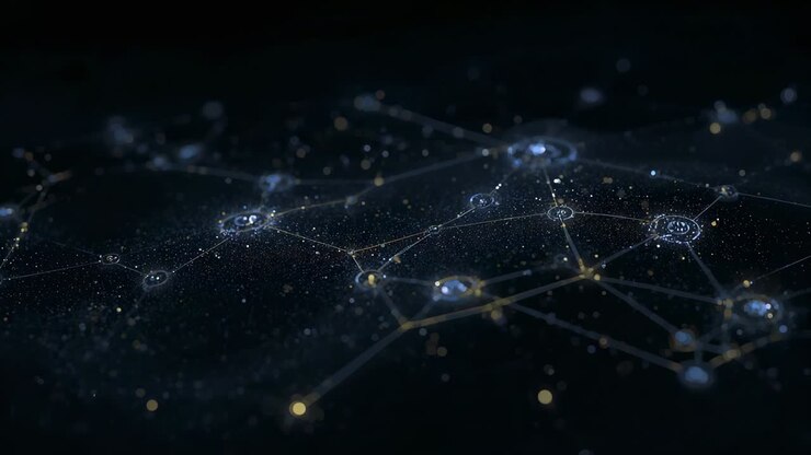 Zooming camera revealing mesh in dark data plane, hubs lighting and pings moving to show paths