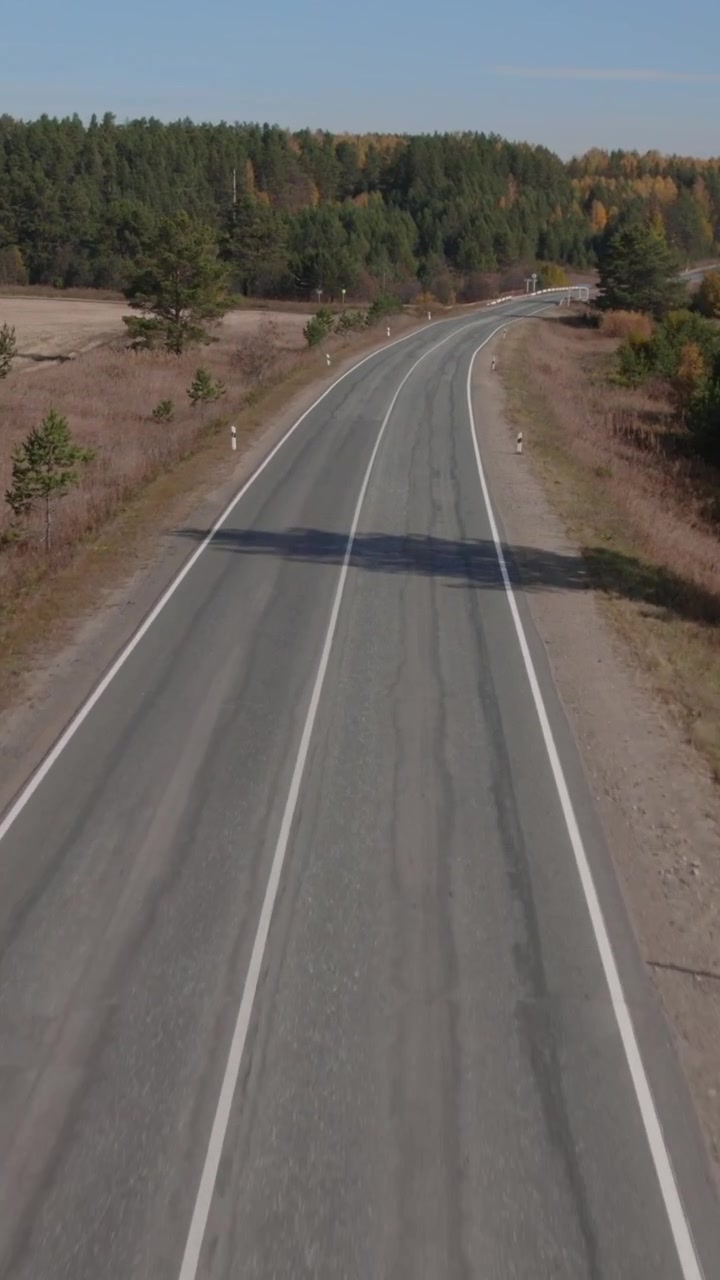 Riprese con drone che guardano dall'alto una strada asfaltata vuota a due corsie che si snoda attraverso la campagna e una foresta mista con colori autunnali, concetto di viaggio e trasporto