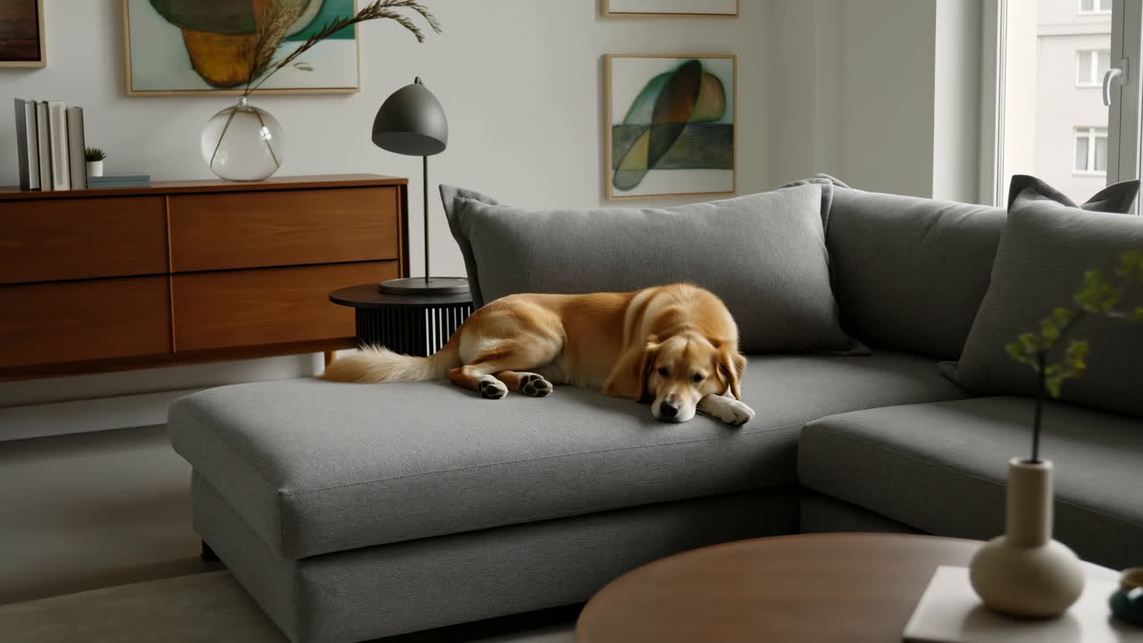 Golden Retriever hund, der ligger komfortabelt på en moderne sofa i en stue
