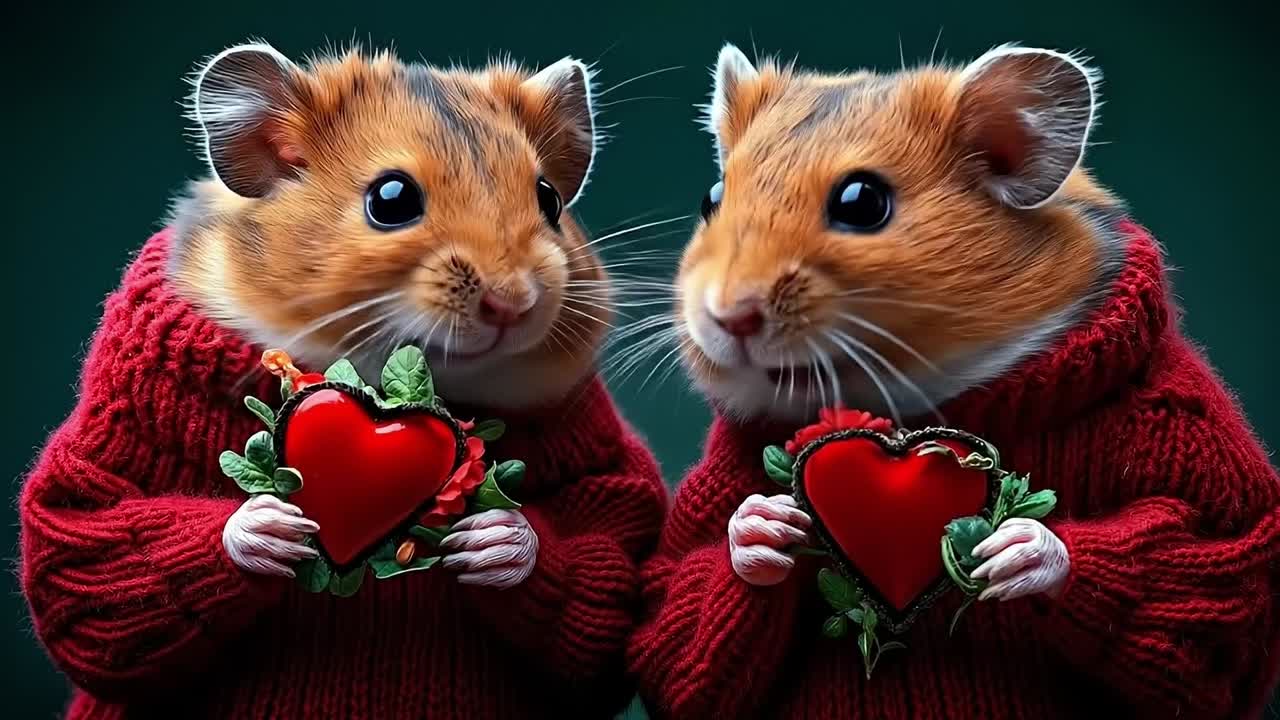 Two hamsters in sweaters holding hearts