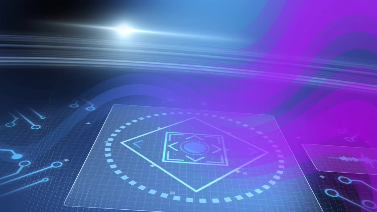 Animation of geometric patterns glowing in purple-blue hues on digital interface