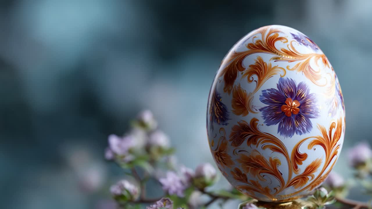 Un uovo decorativo squisitamente disegnato, adornato con vivaci motivi floreali, elegantemente posizionato su un piedistallo tra uno sfondo floreale sfocato, cattura un'arte incantevole.