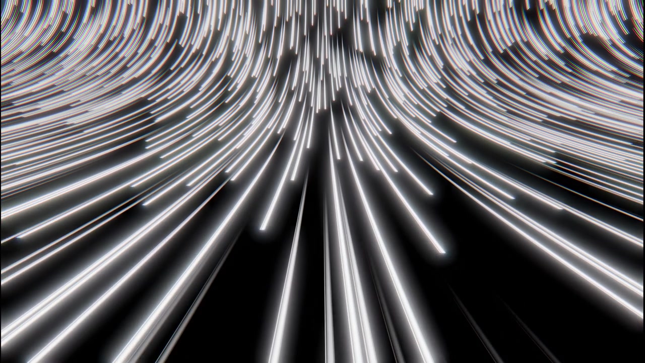 Dense luminous streaks arc in radial bands across deep black negative space, creating bright contrast, soft bloom, subtle color fringe, and sleek abstract energy for modern visual design