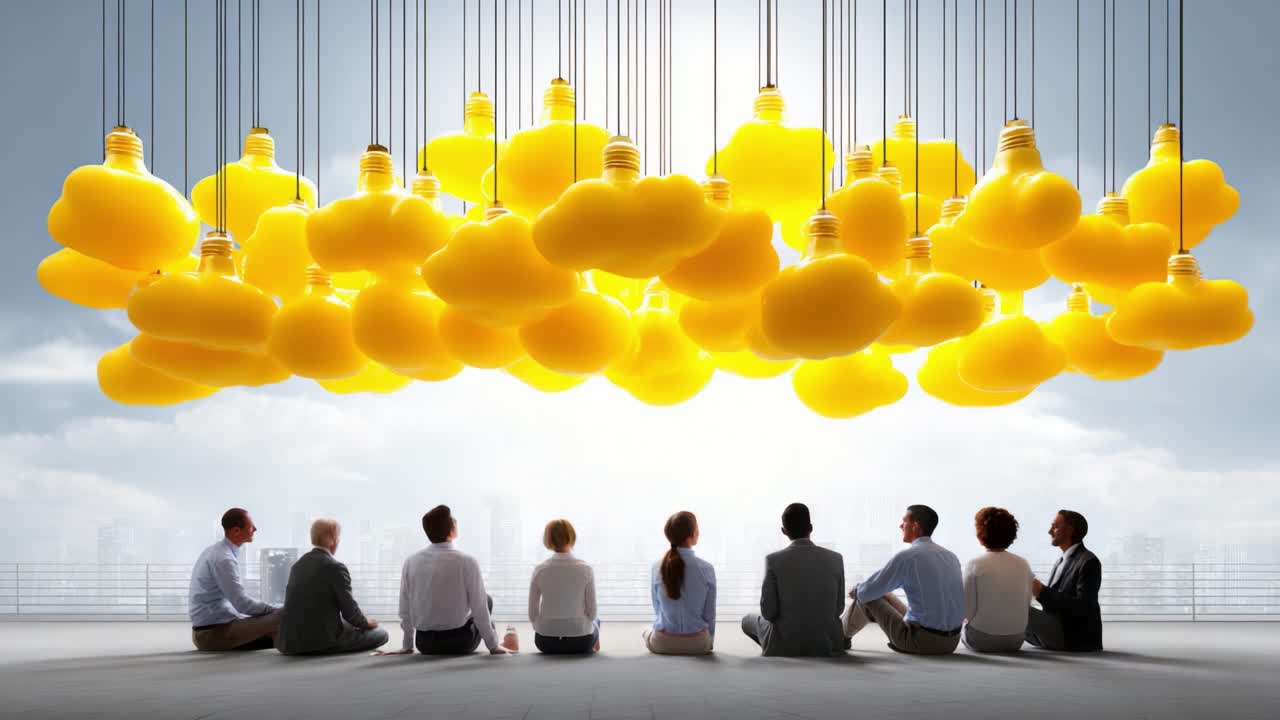 A group of professionals engaging in thought-provoking discussion beneath whimsical yellow cloud-shaped light fixtures, symbolizing creativity and innovation in a modern workspace