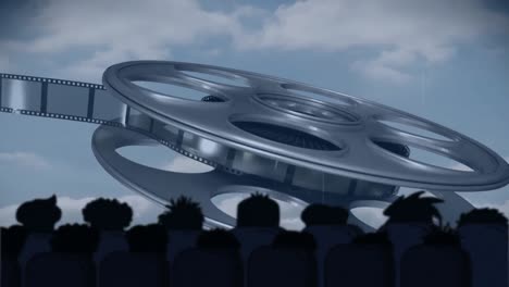 animation of camera rolling audience in cinema and clouds on blue sky in the background