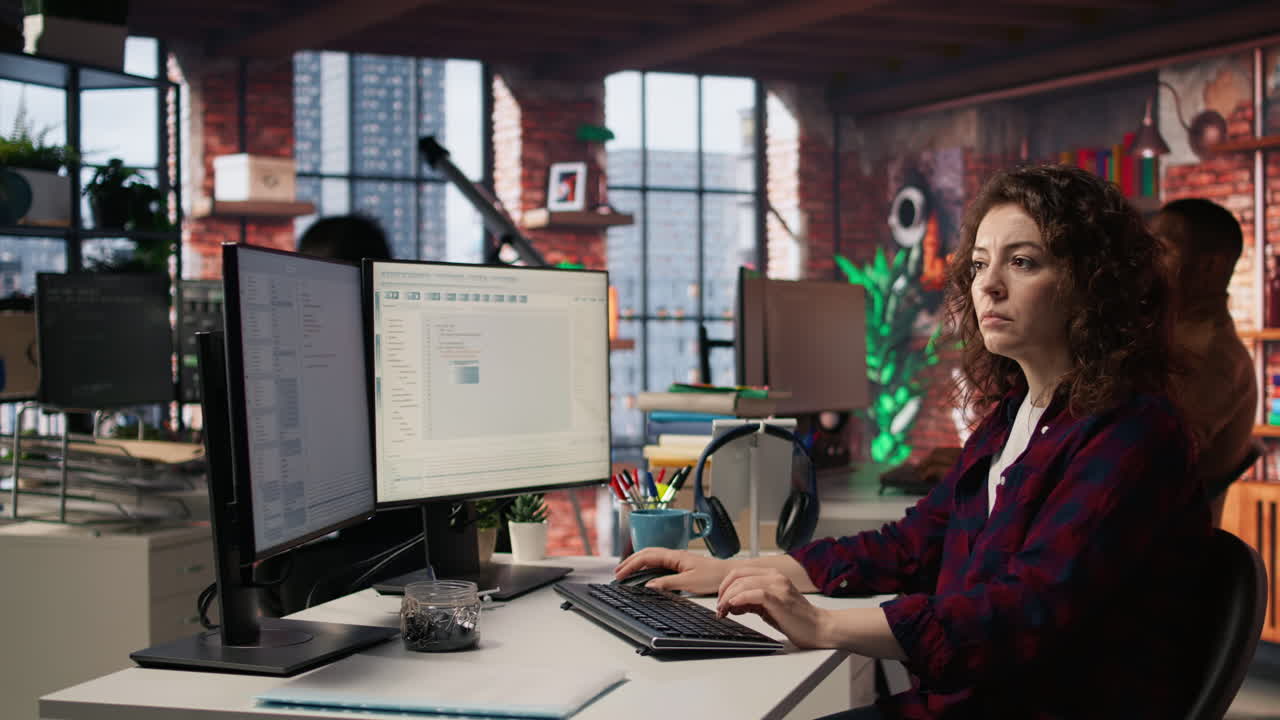 mujer sonriente usando lenguajes de programación en la pc en la oficina de inicio