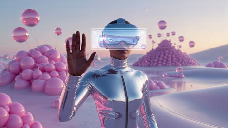 woman in vr headset interacting in a surreal futuristic landscape