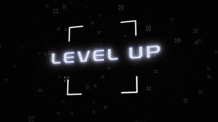 Animation of level up text in white over square scope, with flashes of colour, on black background