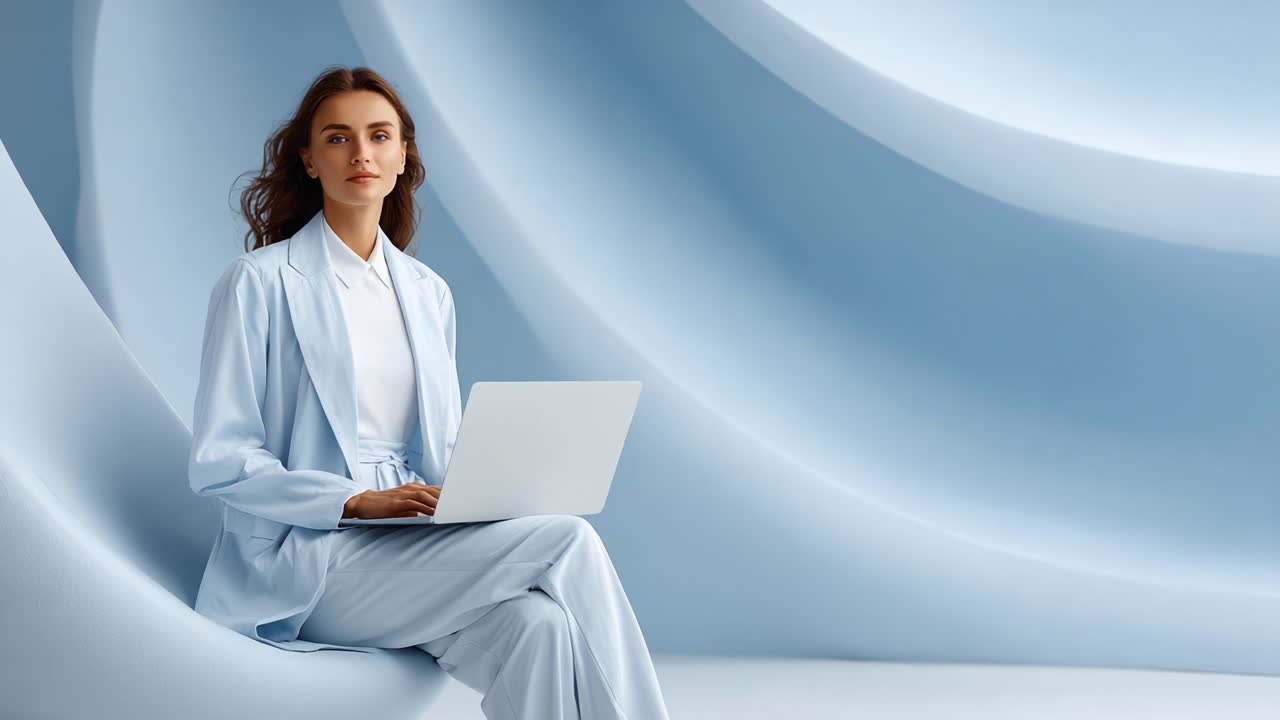 A Poised Woman in Light Blue Attire Concentrating on Her Laptop in a Stylish Modern Setting Emphasizing Serenity and Professionalism
