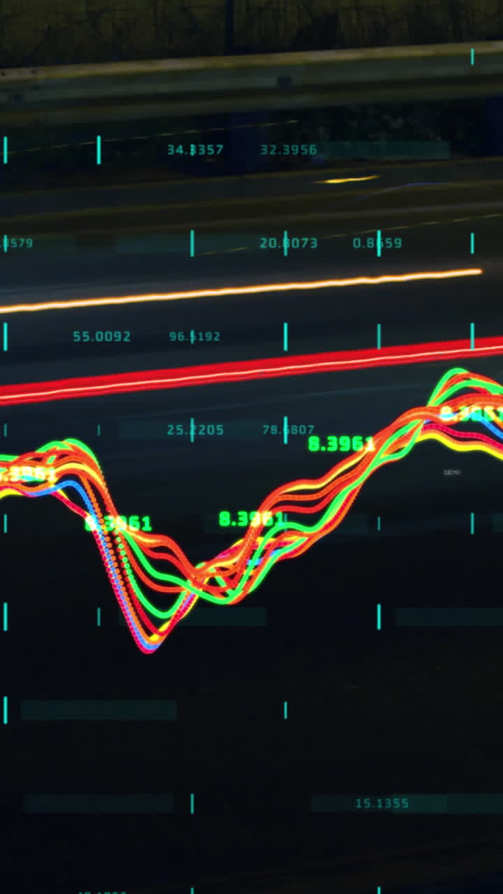 Animation of lights, changing financial data and graphs on black background