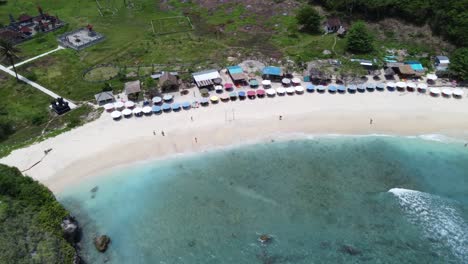 Aerial-Panning-View-of-Atuh-Beach-and-its-steep-hillside-Stair-way-down-on-Nusa-Penida-island