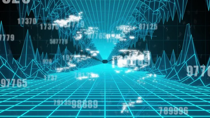 Animation of digital icons floating over glowing video game grid in background
