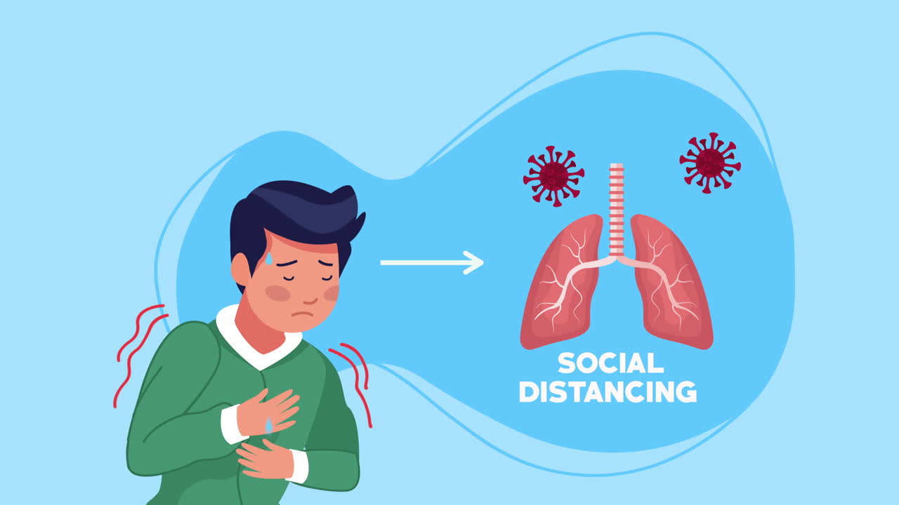 campaña de distanciamiento social con el hombre enfermo y los pulmones