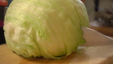 a lettuce sliced in a half on a cutting board