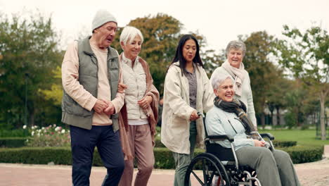 retirement, walking and senior friends in park