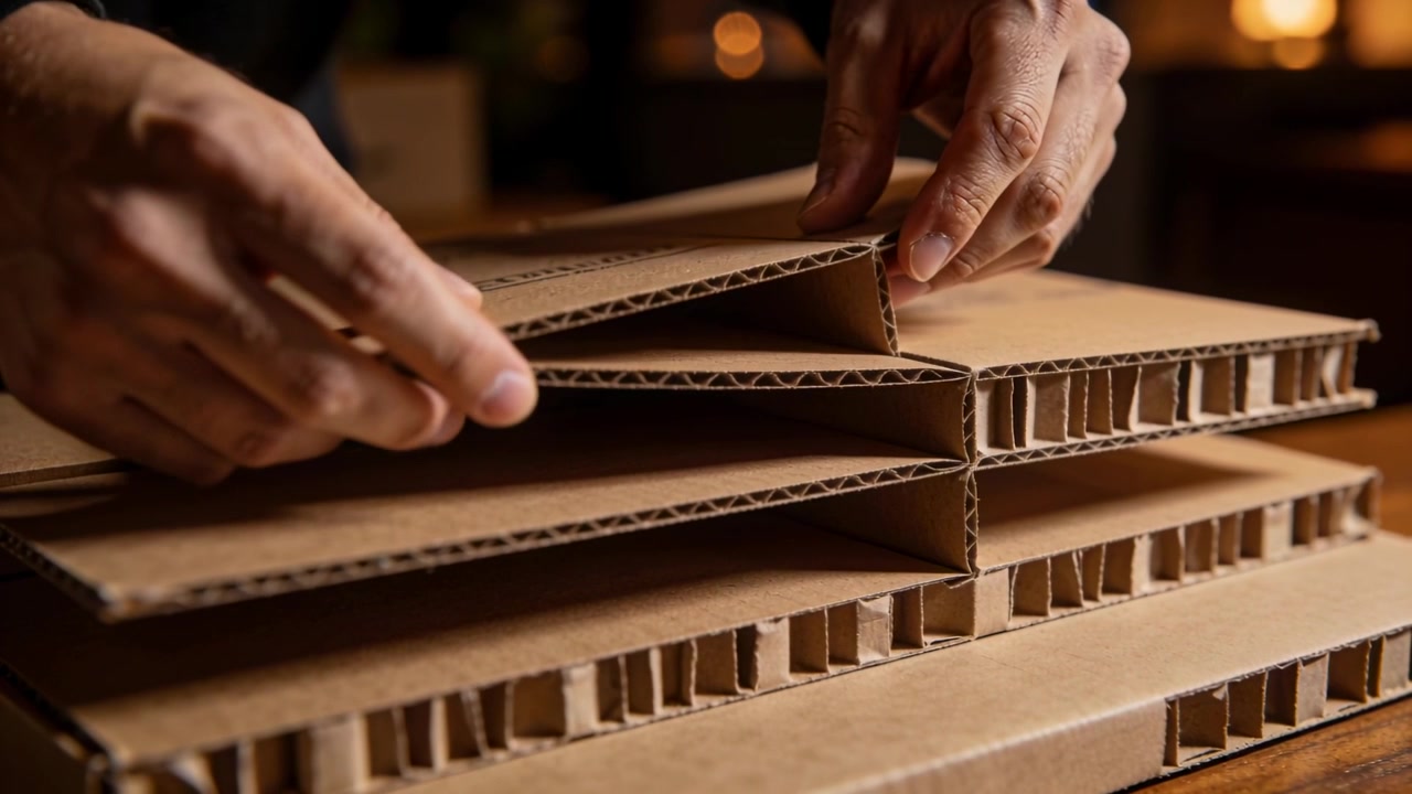 Platzieren einer Wellpappe, Hände falten Keil auf Holztisch, Stapel ausrichten, glätten in dunklem Oberteil.