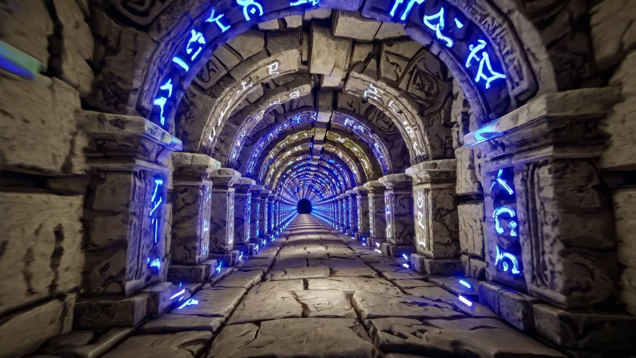 Túnel de pedra futurista com símbolos brilhantes