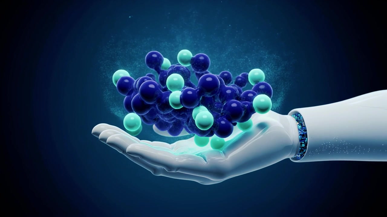 Robotic Hand Holding a Glowing Molecular Structure