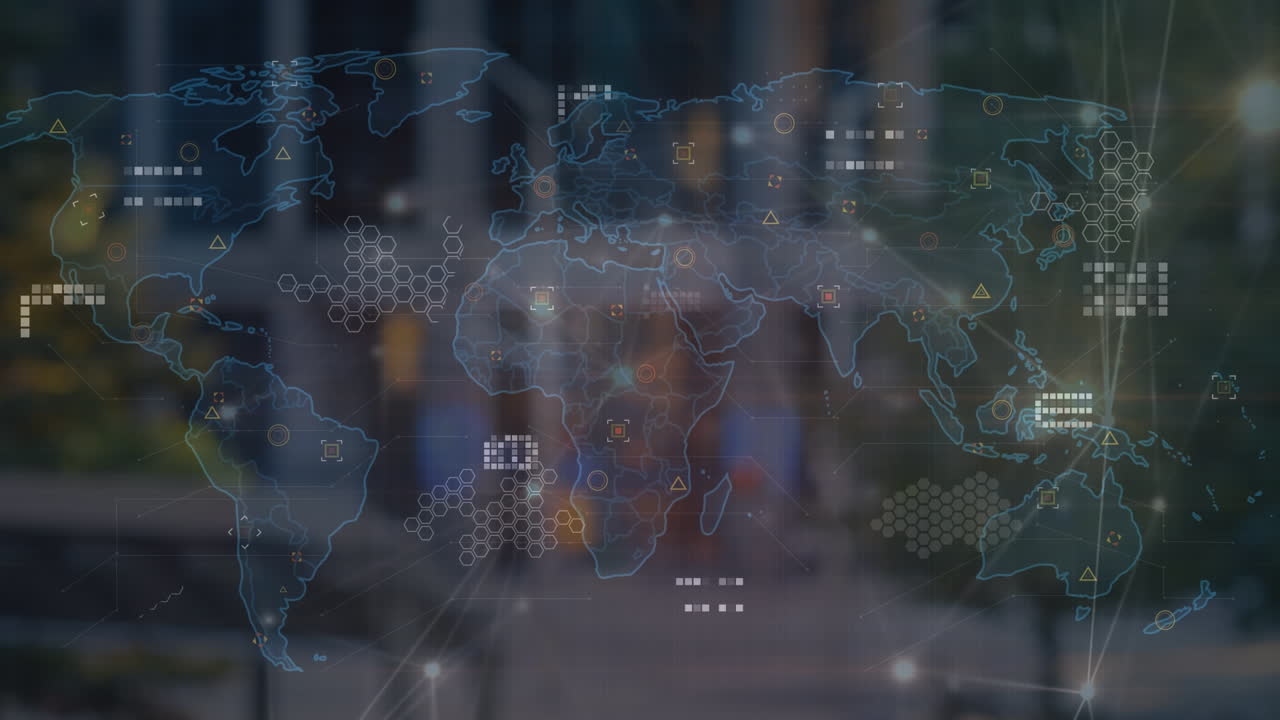 Animation of world map with data processing and network of connections over cityscape