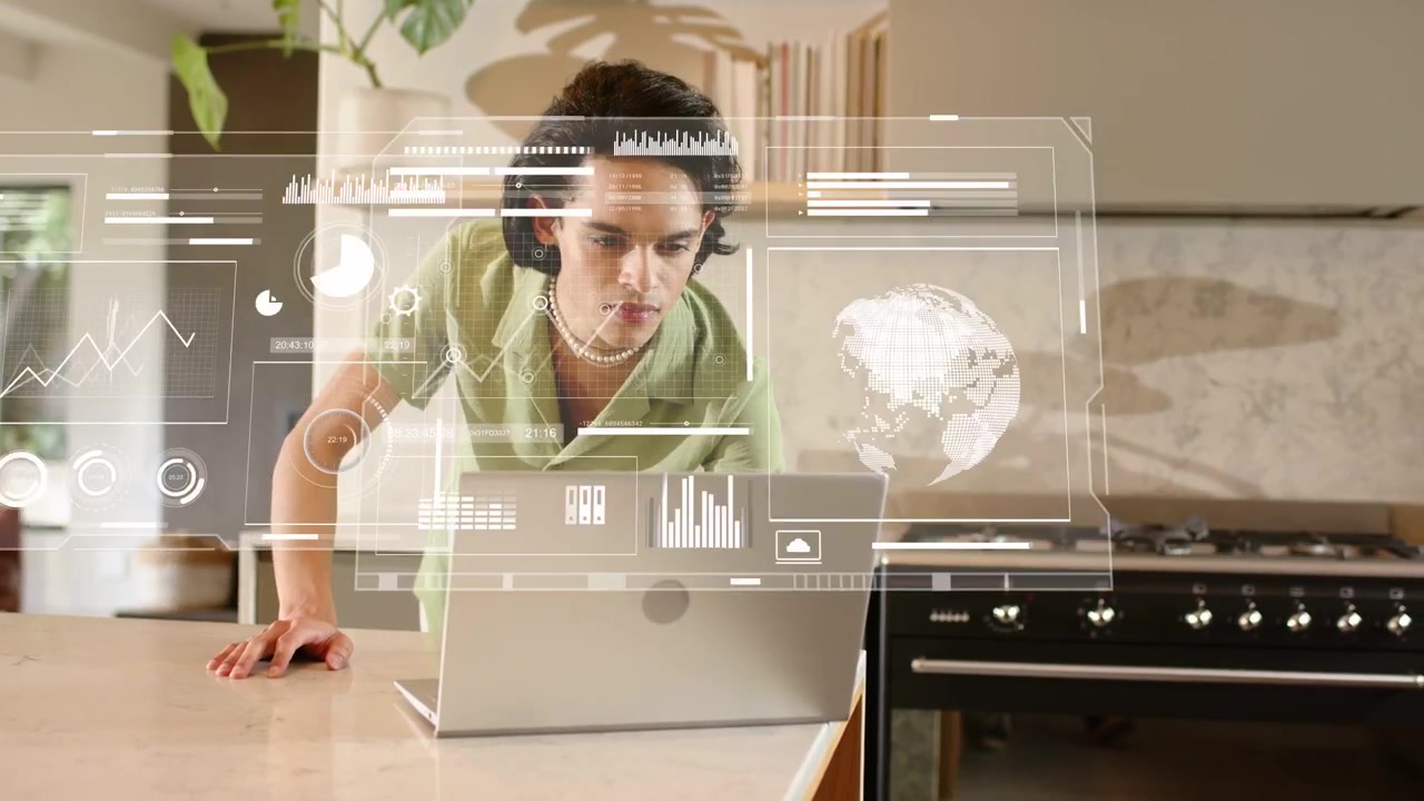 Mand læner sig i køkkenet og gennemgår bærbar computer, hvilket får dashboards og diagrammer til at vise forretningsanalyse.