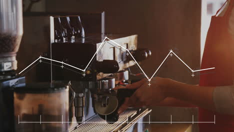 barista inserting portafilter under machine spout on food service counter, with animated bean icons