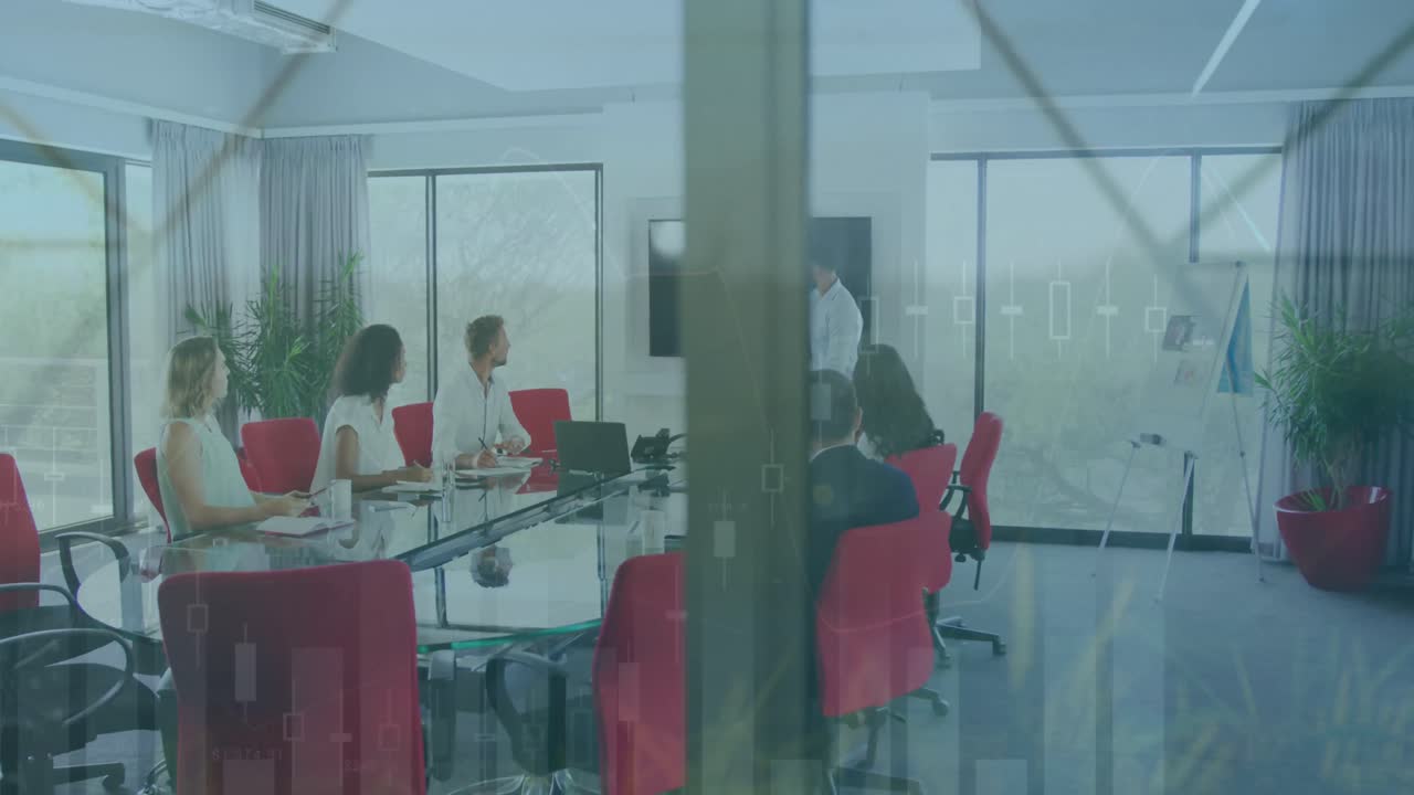 Animation of graphs over diverse male manager explaining report to coworkers on television screen