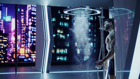 man taking a shower in a futuristic bathroom with city view