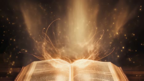 luminous book radiating golden glow, enchanting particles swirling around vintage wooden surface, mysterious illumination emerging from pages