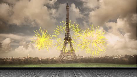 animation of yellow fireworks over paris cityscape with river