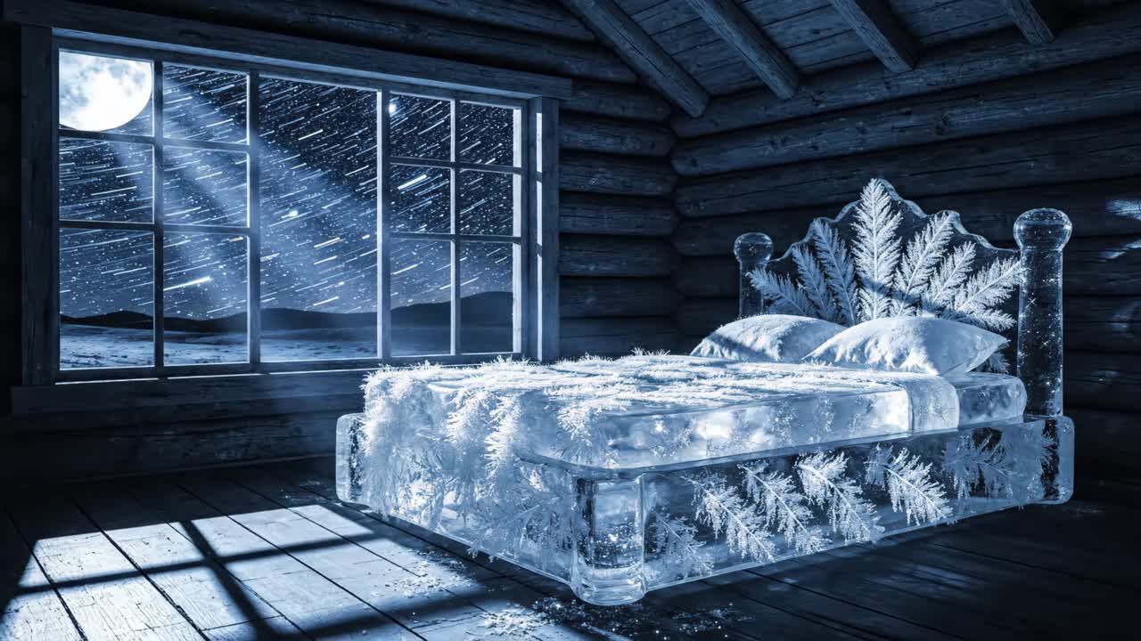 Ice Bed in a Log Cabin Under the Moon