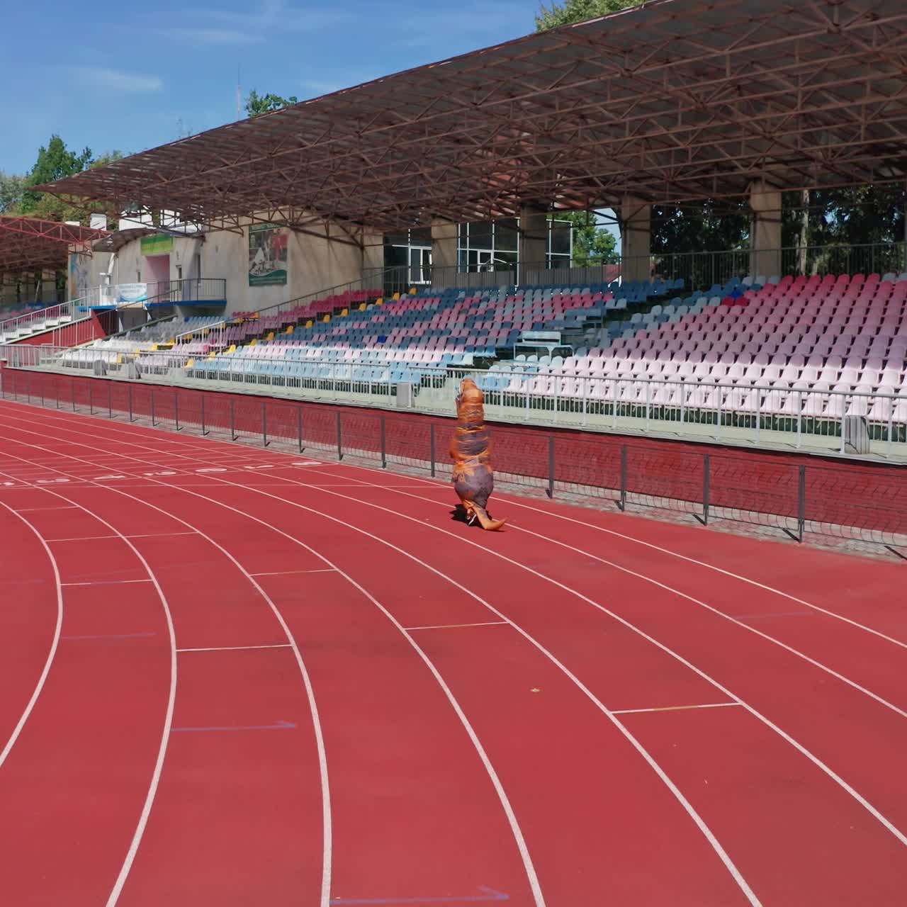 Following the person in funny dinosaur costume running along the tack. Tirex dinosaur jogging around the stadium