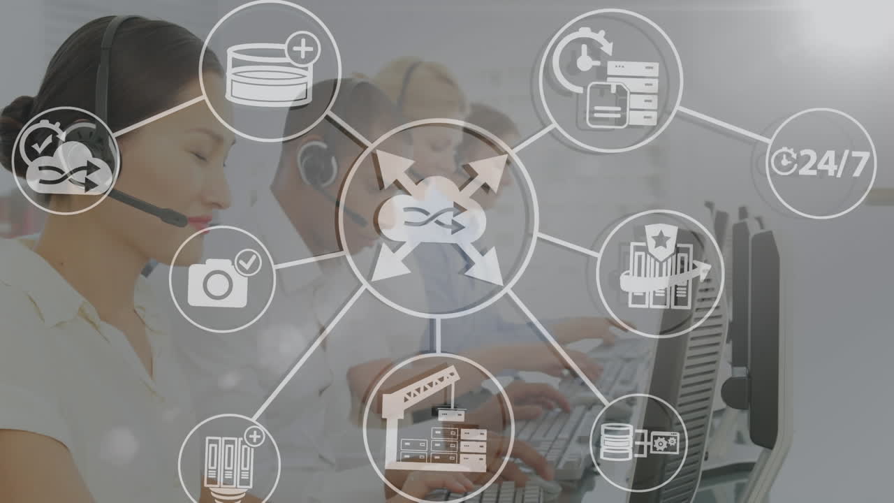 red de iconos digitales contra un equipo de ejecutivos de atención al cliente que trabajan en la oficina