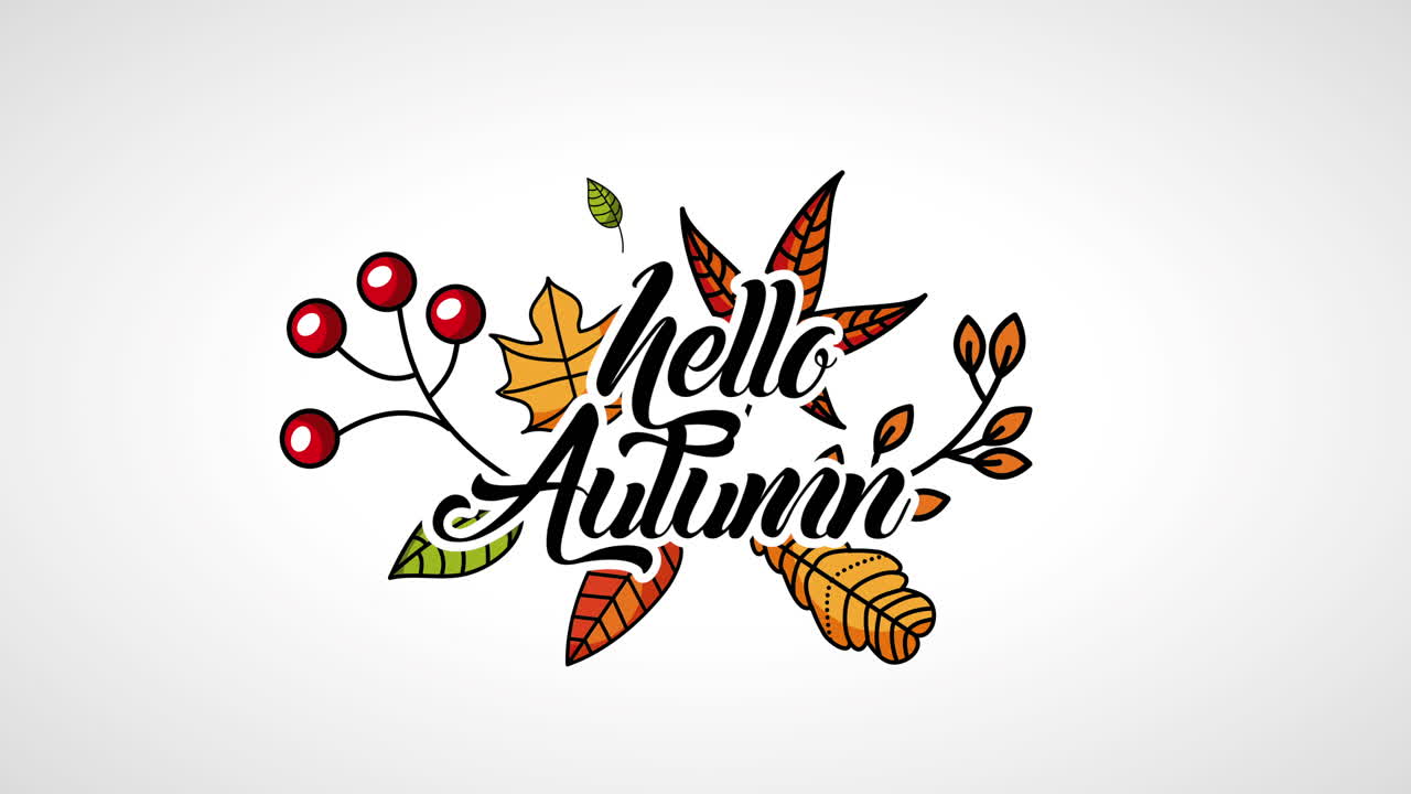 hola temporada de otoño con caligrafía y animación de hojas