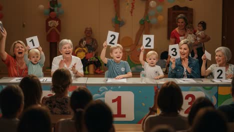 a joyful competition among children and adults, highlighting fun and excitement during a playfully judged event with lively participants and engaging activities