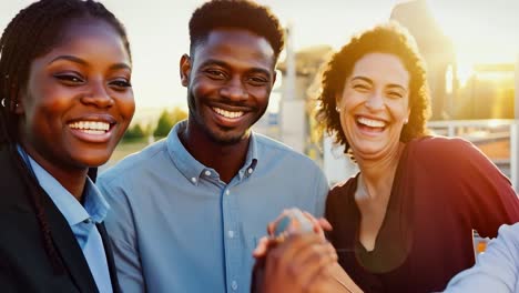 three diverse friends smiling and laughing together