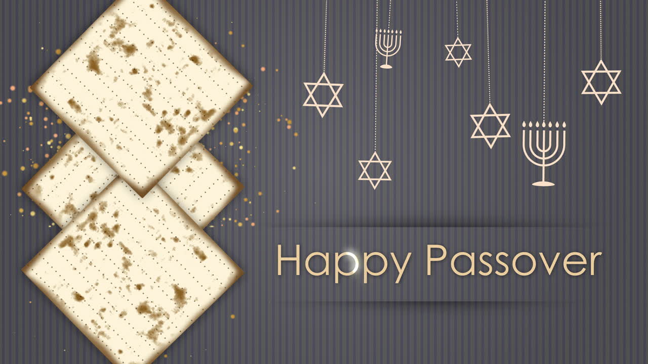 Happy Passover. Looped animation with symbols of Judaism. Festive matzah bread. Gray background with star of david and menorah.
