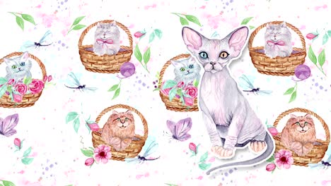 abstract background with hand drawn watercolor cats and flowers. seamless looping 4k footage.