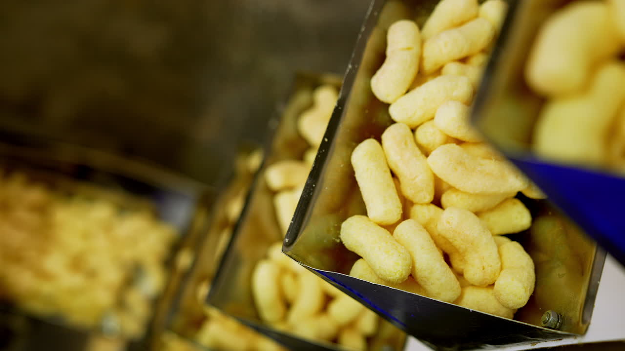 Vertical conveyor belt carries sweet corn snacks. Modern process of corn sticks production at food factory.